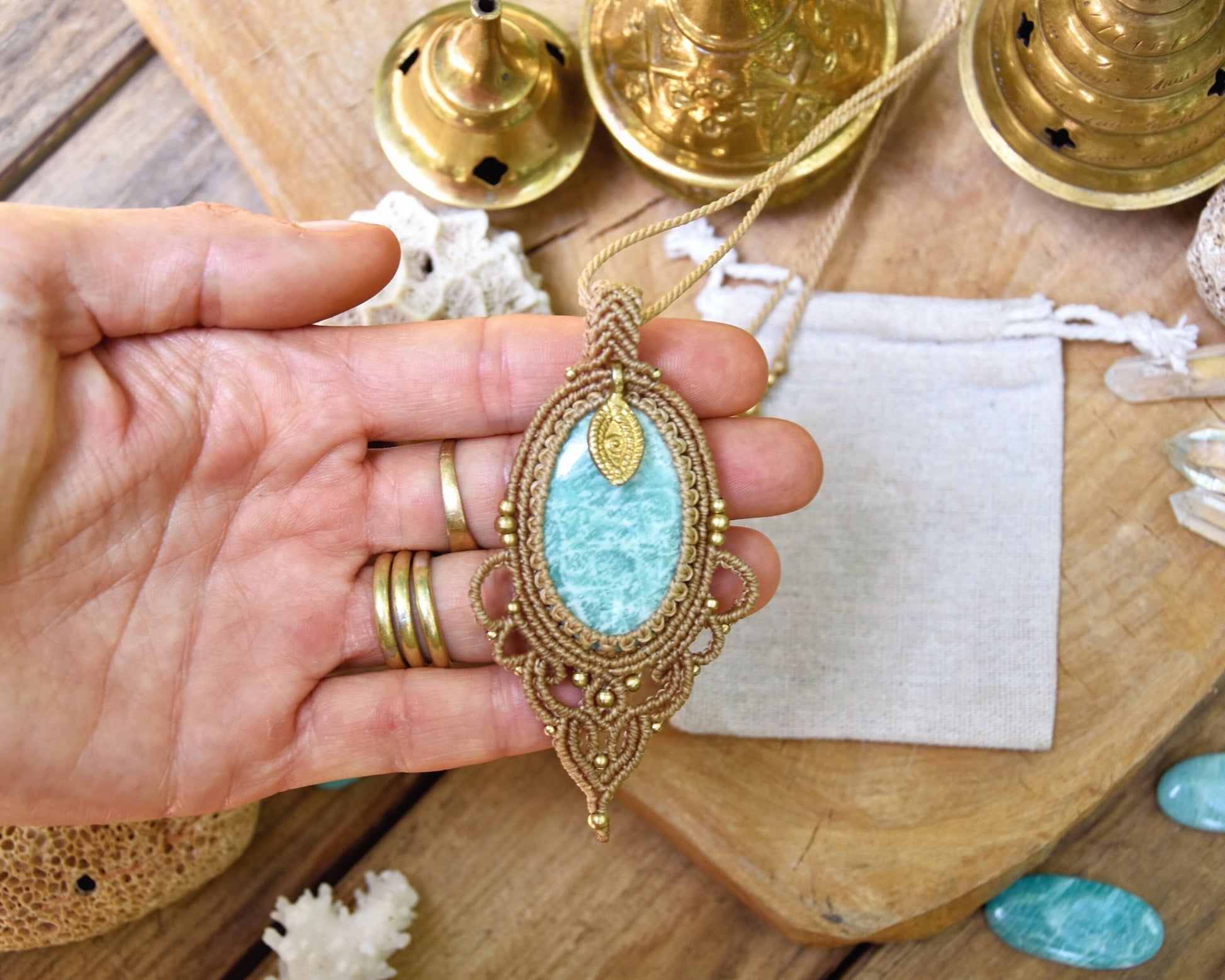 Amazonite pendant| Boho macrame pendant | yoga pendant | Gemstone amulet | spiritual necklace