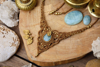 Cute macrame necklace | Tribal gemstone necklace | bohemian Aquamarine necklace | Goddess necklace