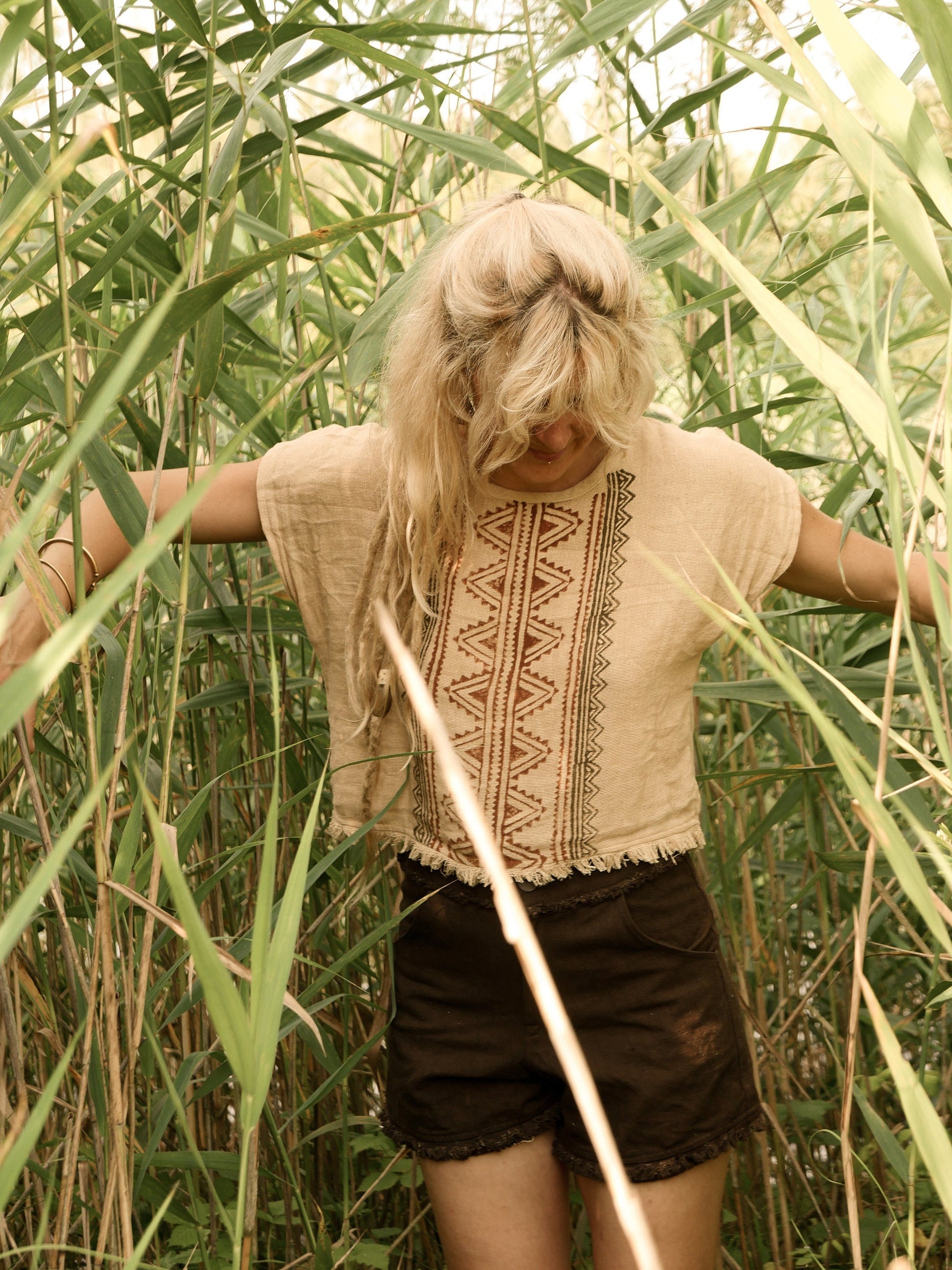 Tribal cotton top with ethnic print and fringed edges | Golden Beige