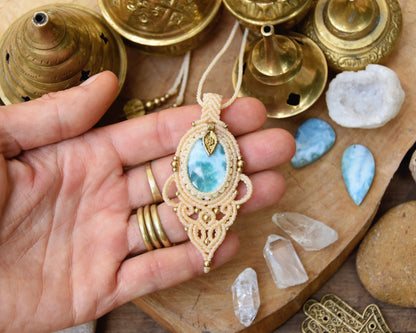 Larimar macrame amulet | boho crystal pendant | Boho chic necklace | macrame necklace with Larimar stone