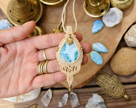 Large Larimar pendant | bohemian macrame necklace | Beach necklace | bright blue gemstone pendant | Big crystal pendant