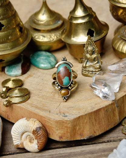 Bohemian brass gemstone ring | Ethnic ring | Boho ring | Turquoise ring | Yoga ring | Gemstone ring | Forest ring | Natural ring