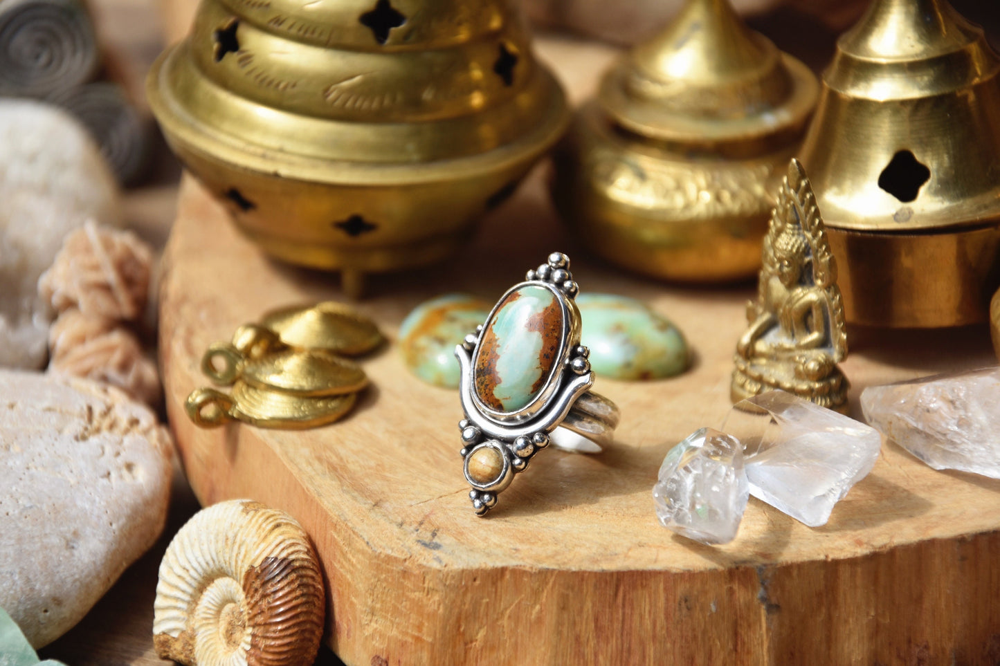 Lotus ring with Turquoise gemstone | Tribal silver ring | Handmade bohemian ring | Boho multi-stone ring | Ethnic ring | Floral ring