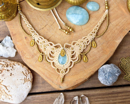 Ethnic macrame necklace | Tribal gemstone necklace | bohemian Aquamarine necklace | Goddess necklace