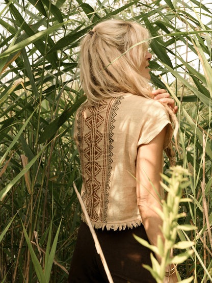 Tribal cotton top with ethnic print and fringed edges | Golden Beige