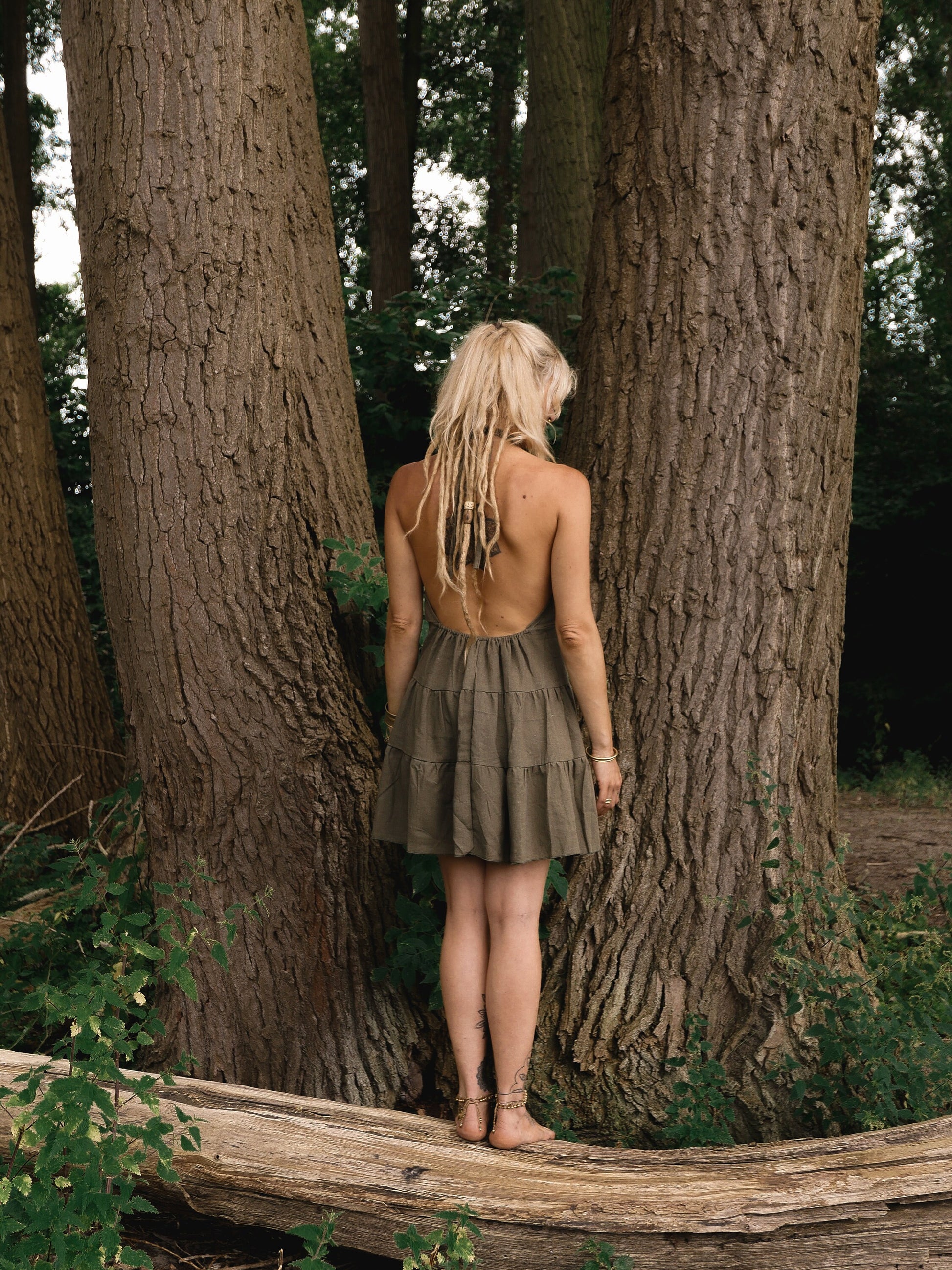 Boho summer halter dress with an open back and a babydoll design | Evergreen