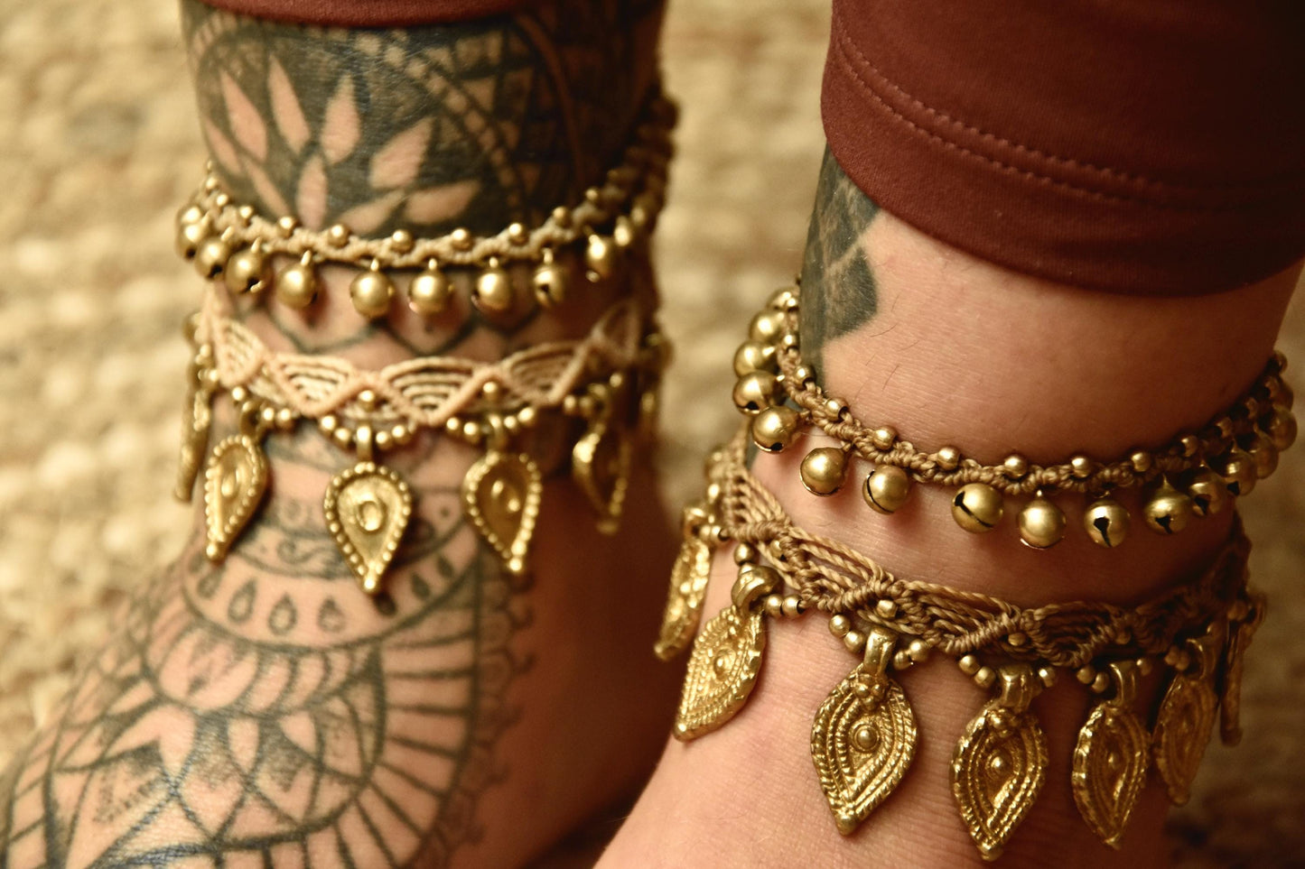 Tribal macrame anklet with brass charms