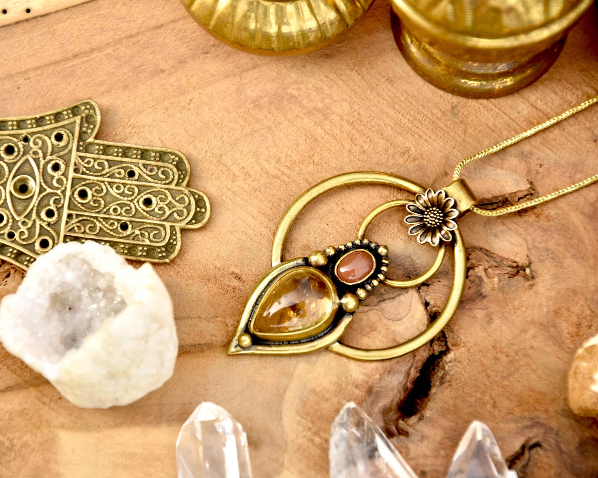 Tribal pendant with flower and two gemstones| Large bohemian goddess pendant | floral pendant with healing crystals