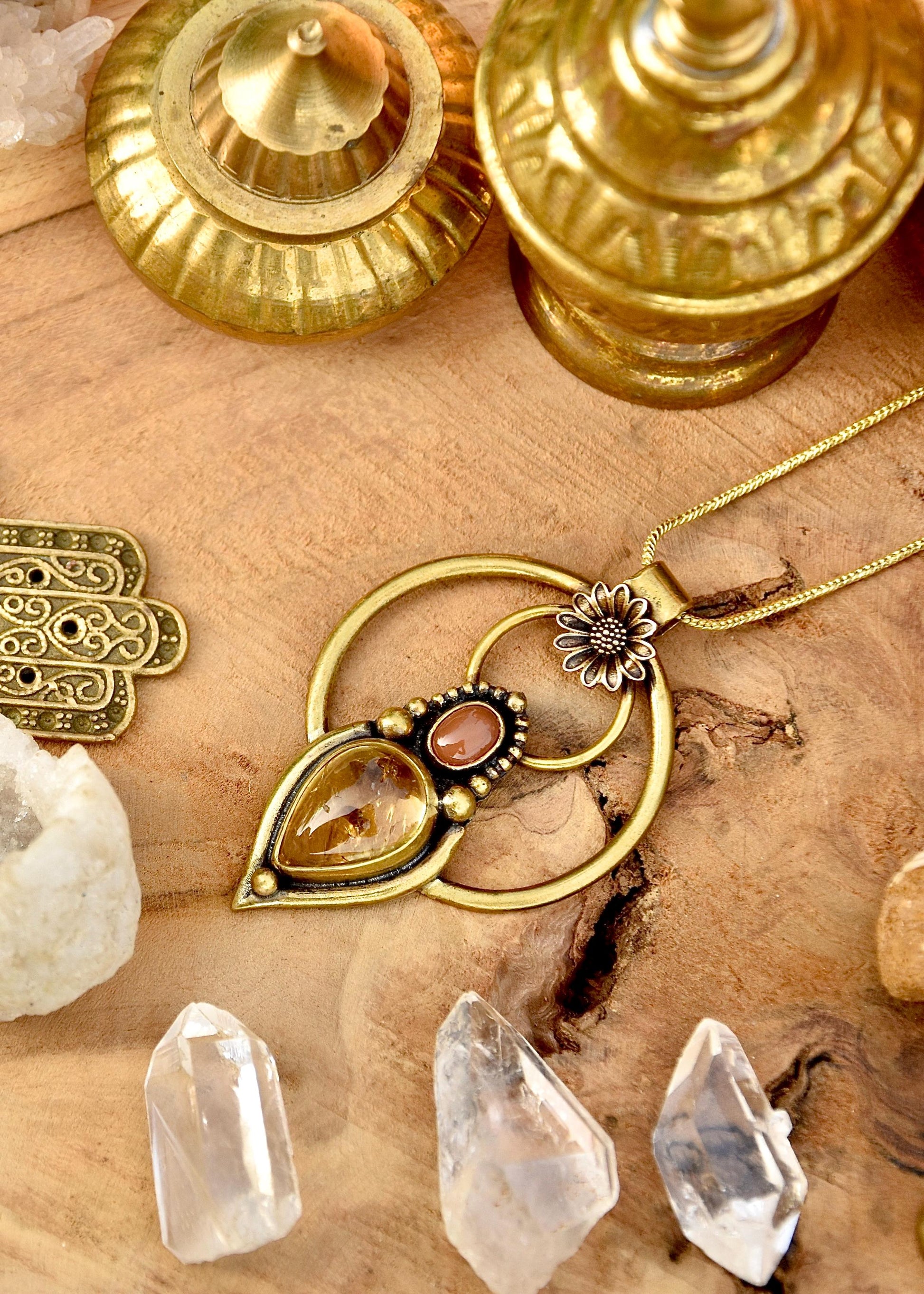 Tribal pendant with flower and two gemstones| Large bohemian goddess pendant | floral pendant with healing crystals