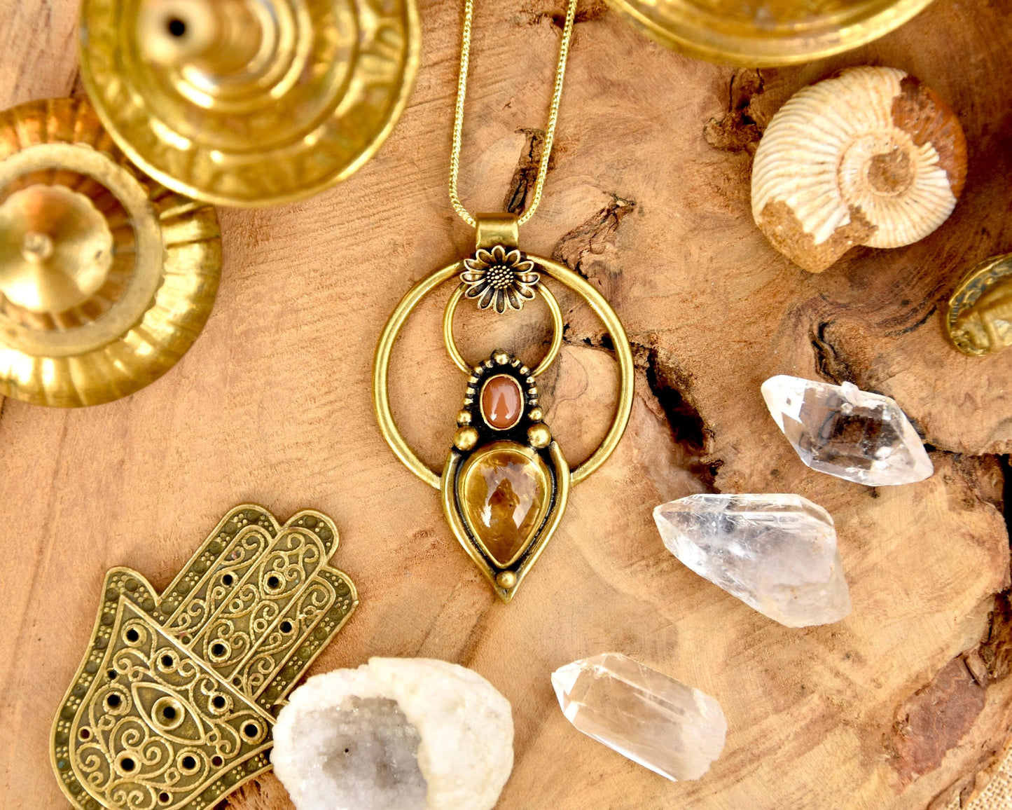 Tribal pendant with flower and two gemstones| Large bohemian goddess pendant | floral pendant with healing crystals