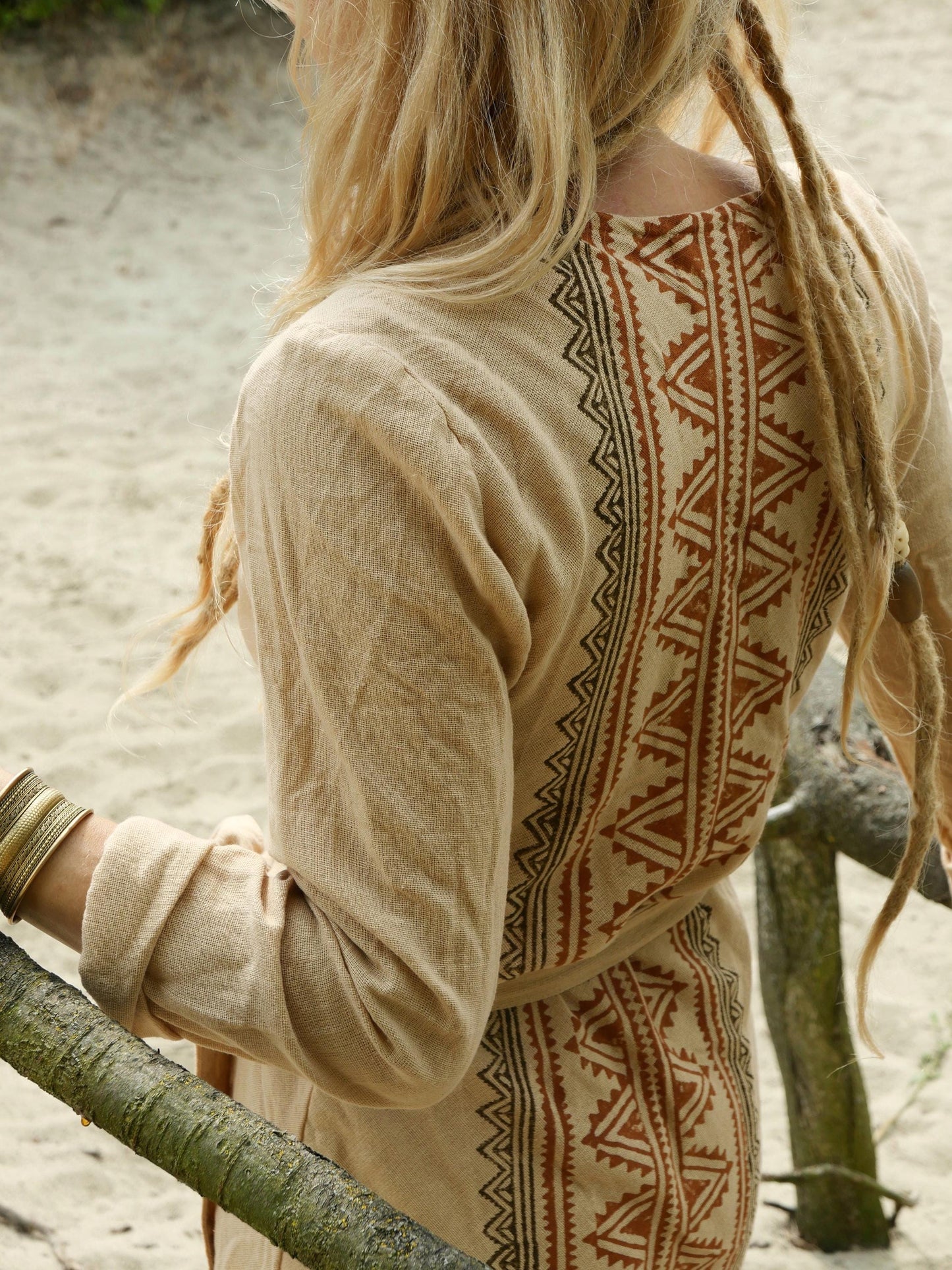 Boho long sleeve wrap dress with Ethnic print in natural cotton | Golden beige