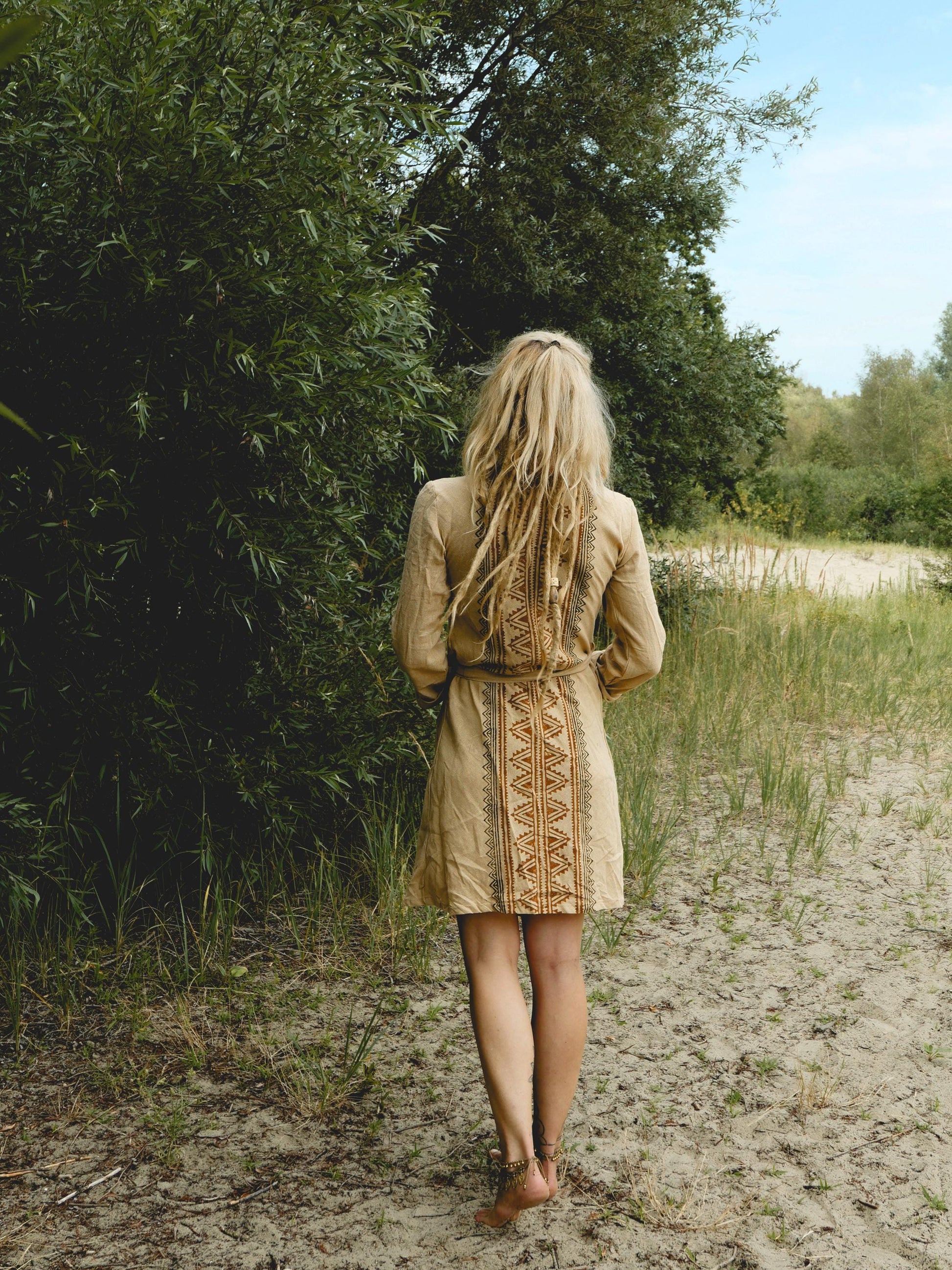 Boho long sleeve wrap dress with Ethnic print in natural cotton | Golden beige