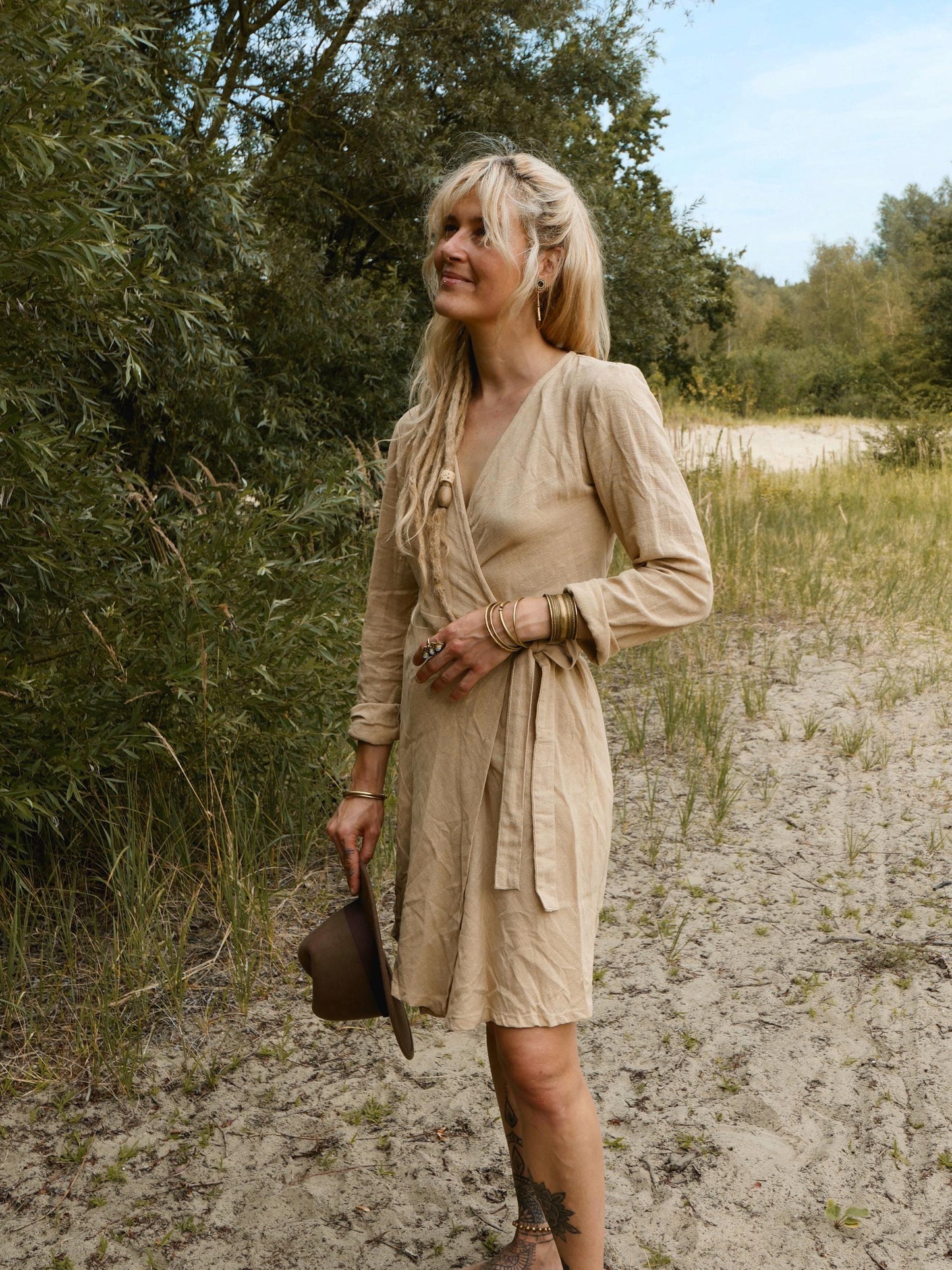 Boho long sleeve wrap dress with Ethnic print in natural cotton | Golden beige