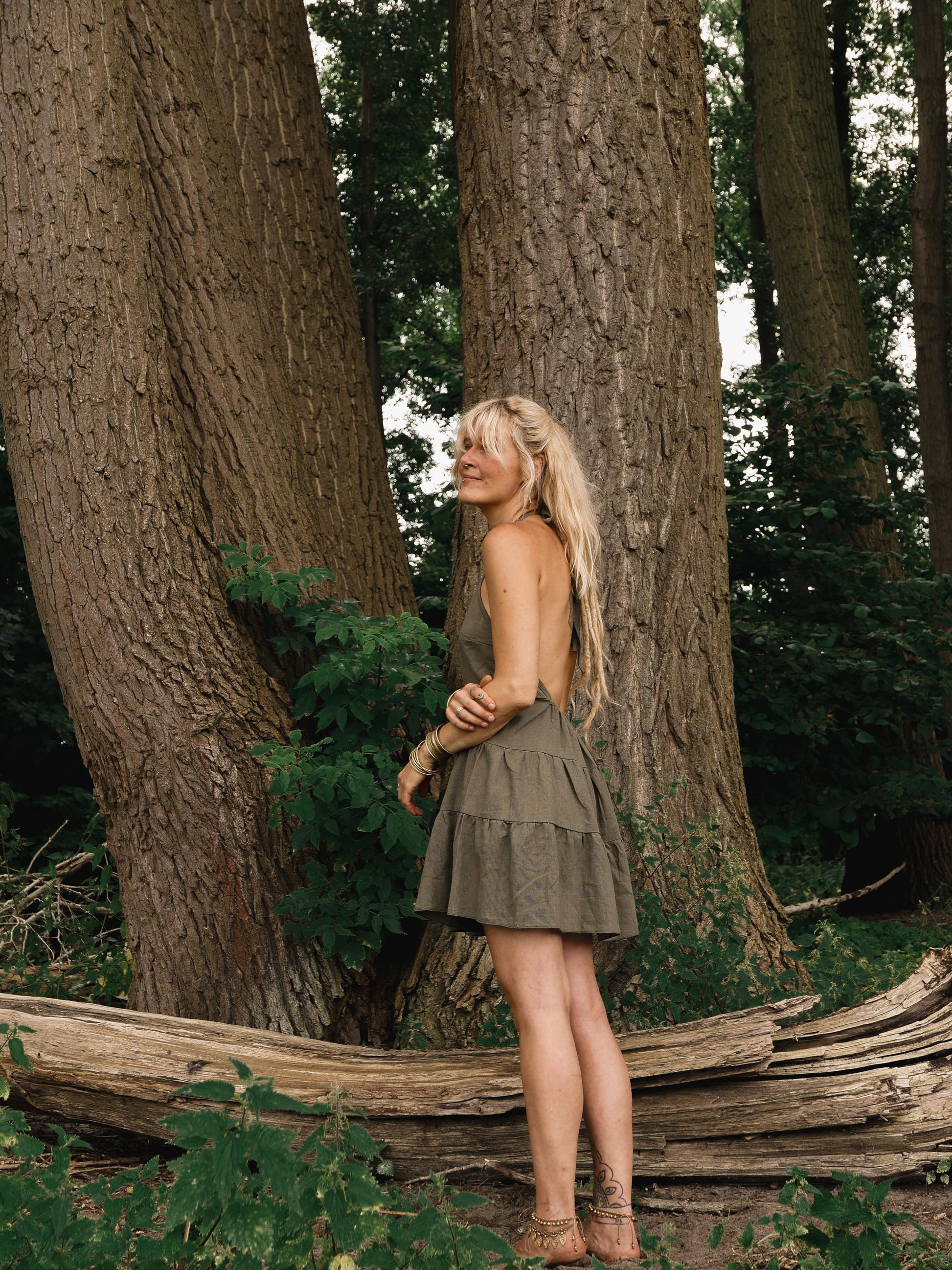 Boho summer halter dress with an open back and a babydoll design | Evergreen