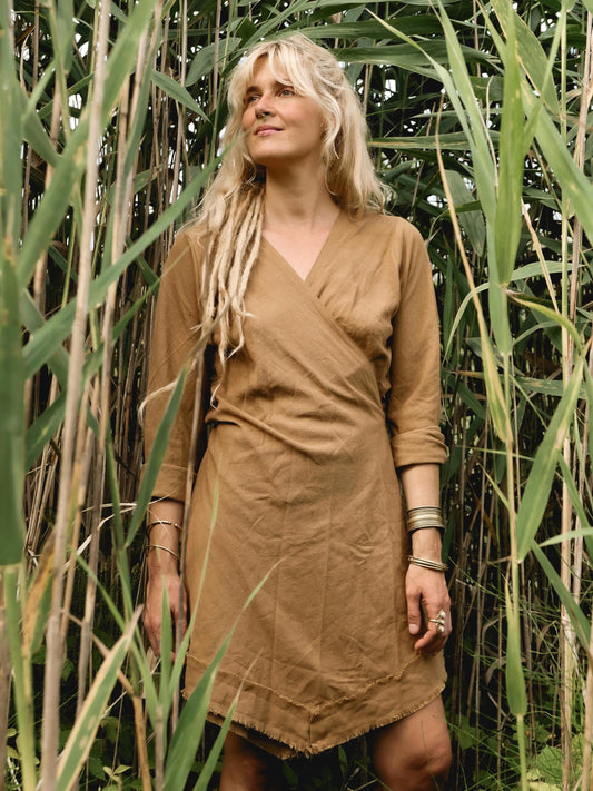 Bohemian wrap dress with fringed edges in natural cotton | Cinnamon