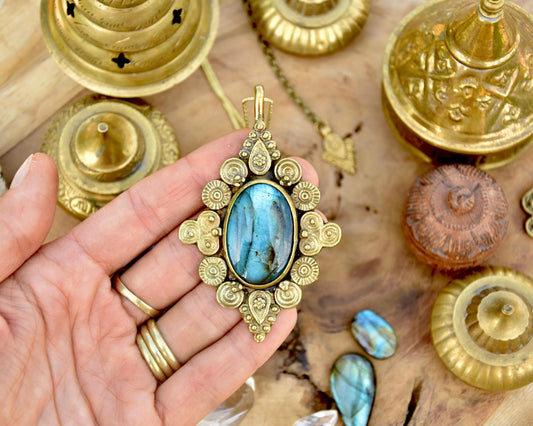 Brass Labradorite pendant | Tribal mandala pendant | Ornamental gemstone pendant