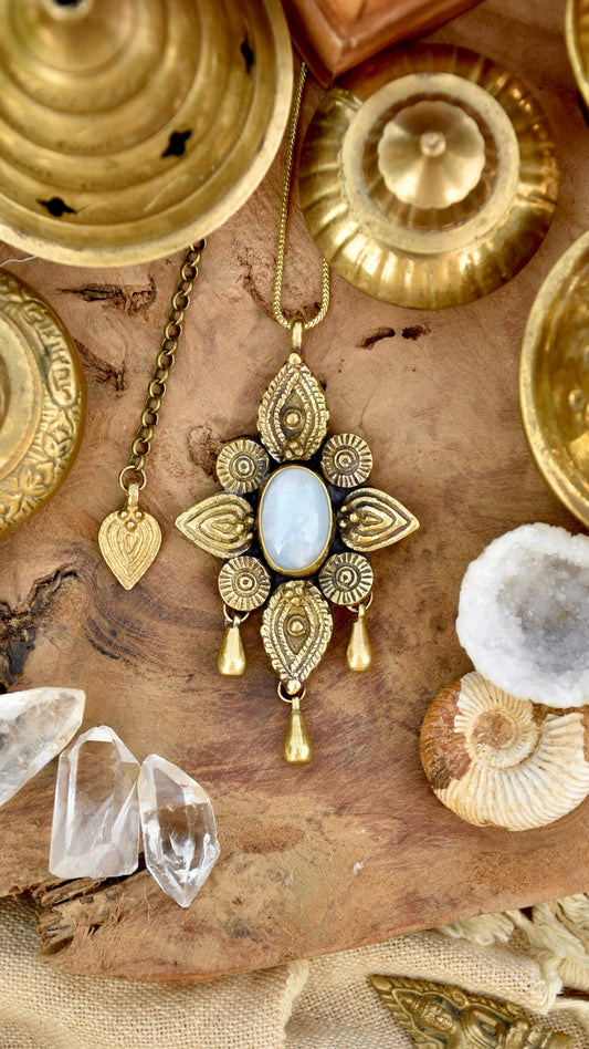 Magical Moonstone pendant with brass drops | Goddess mandala pendant | Floral gemstone pendant | Boho brass pendant