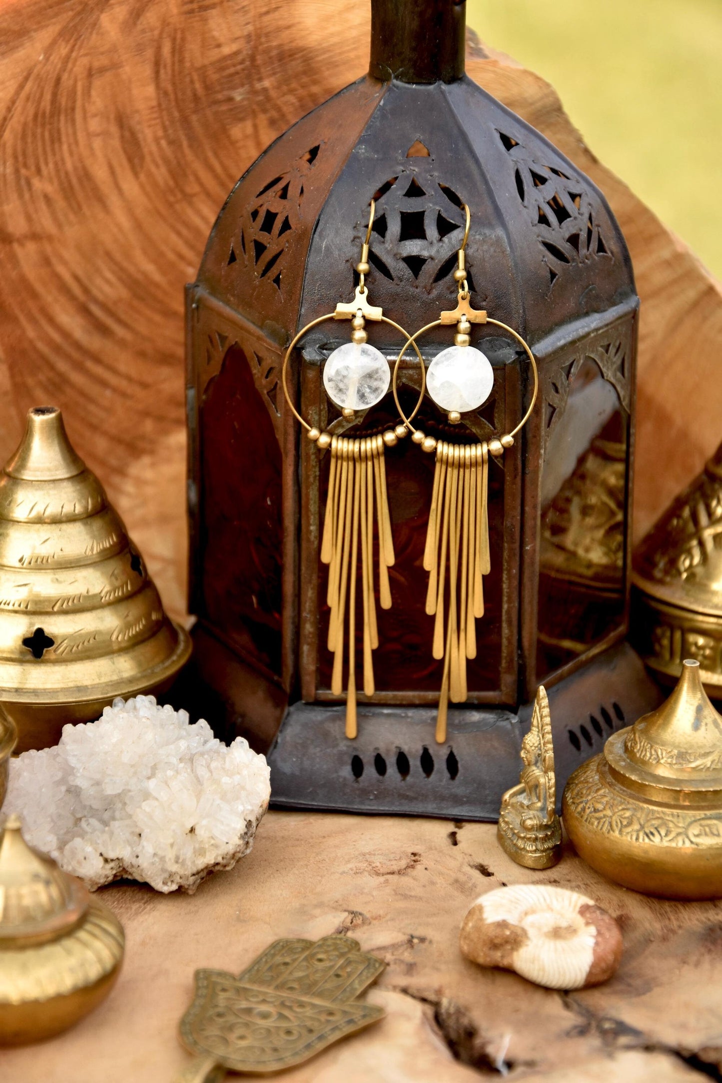 Boho brass goddess earrings with Quartz gemstones | Tribal brass earrings with healing crystals