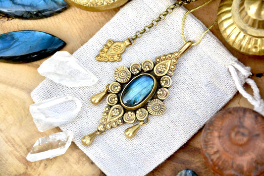 Brass Labradorite pendant with drop charms | Tribal mandala pendant | Ornamental gemstone pendant