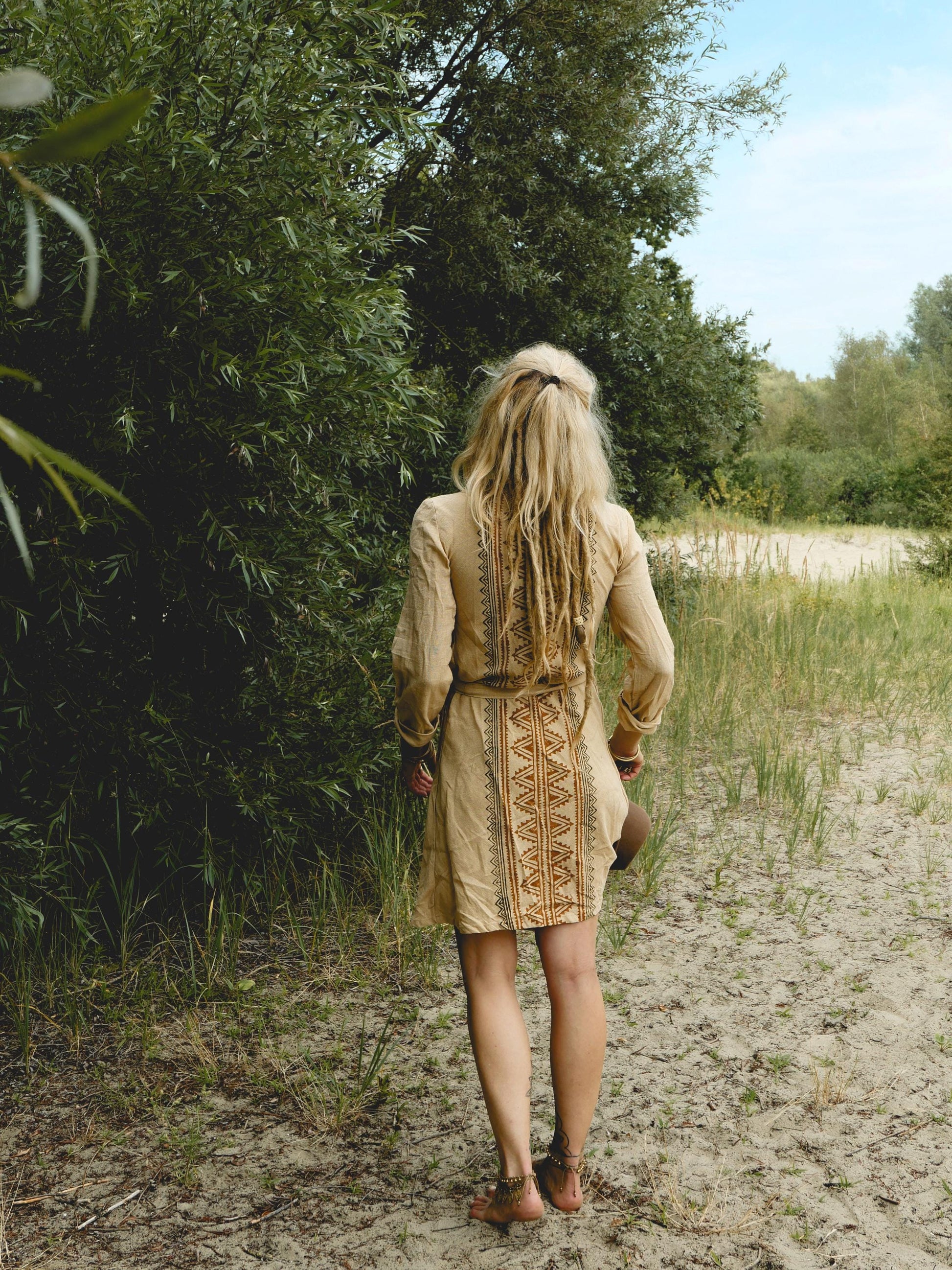 Boho long sleeve wrap dress with Ethnic print in natural cotton | Golden beige