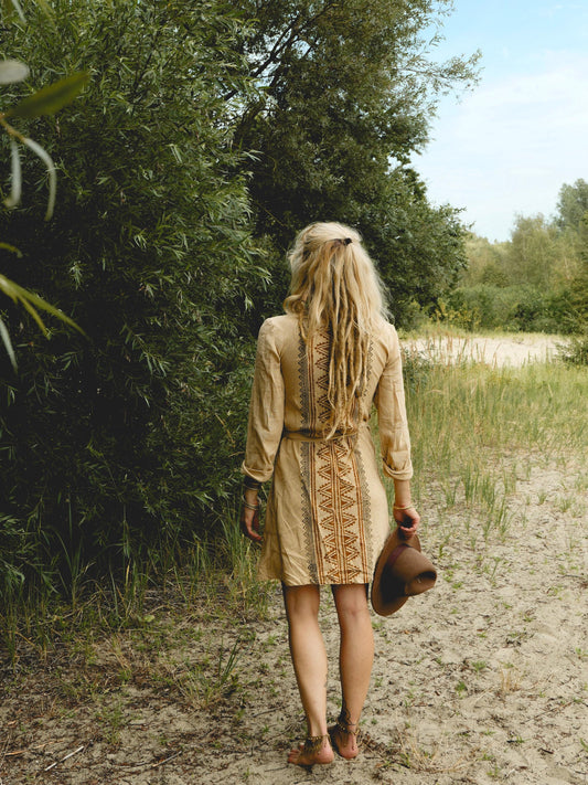 Boho long sleeve wrap dress with Ethnic print in natural cotton | Golden beige