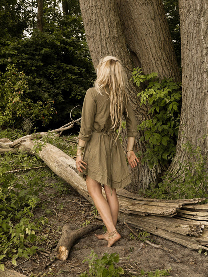 Bohemian wrap dress with fringed edges in natural cotton | Cinnamon