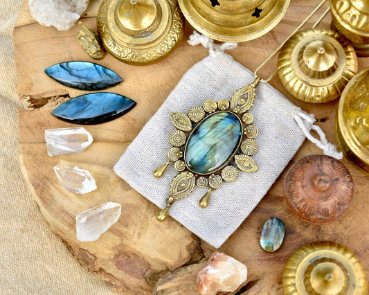 Large Labradorite pendant with drop charms | Golden mandala pendant | Ornamental gemstone pendant