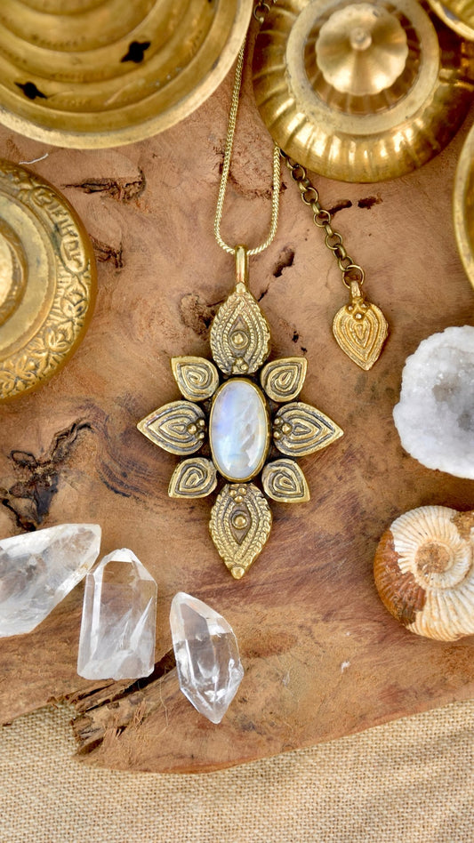 Moonstone mandala pendant| Golden pendant | Floral goddess pendant | Boho brass pendant