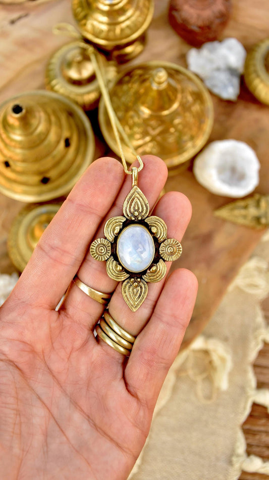 Moonstone mandala pendant| Ethnic pendant | Tribal pendant | Boho brass pendant