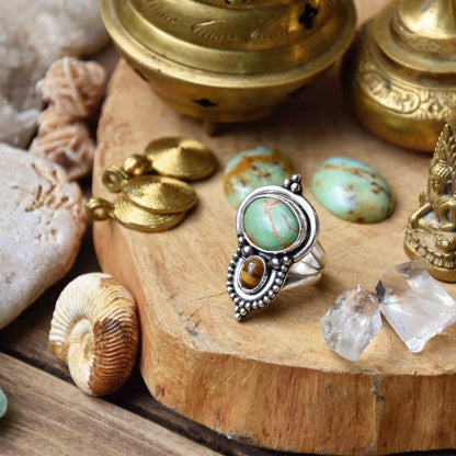 Ornamental boho ring | Silver Turquoise ring | Tiger Eye ring | Ethnic ring | handmade bohemian ring | Multi-stone ring