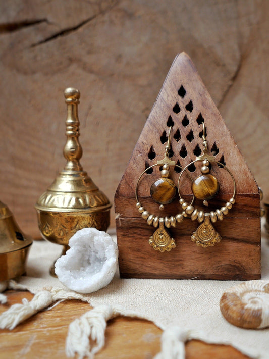 Brass Boho earrings | Tribal brass earrings with Tiger Eye crystals