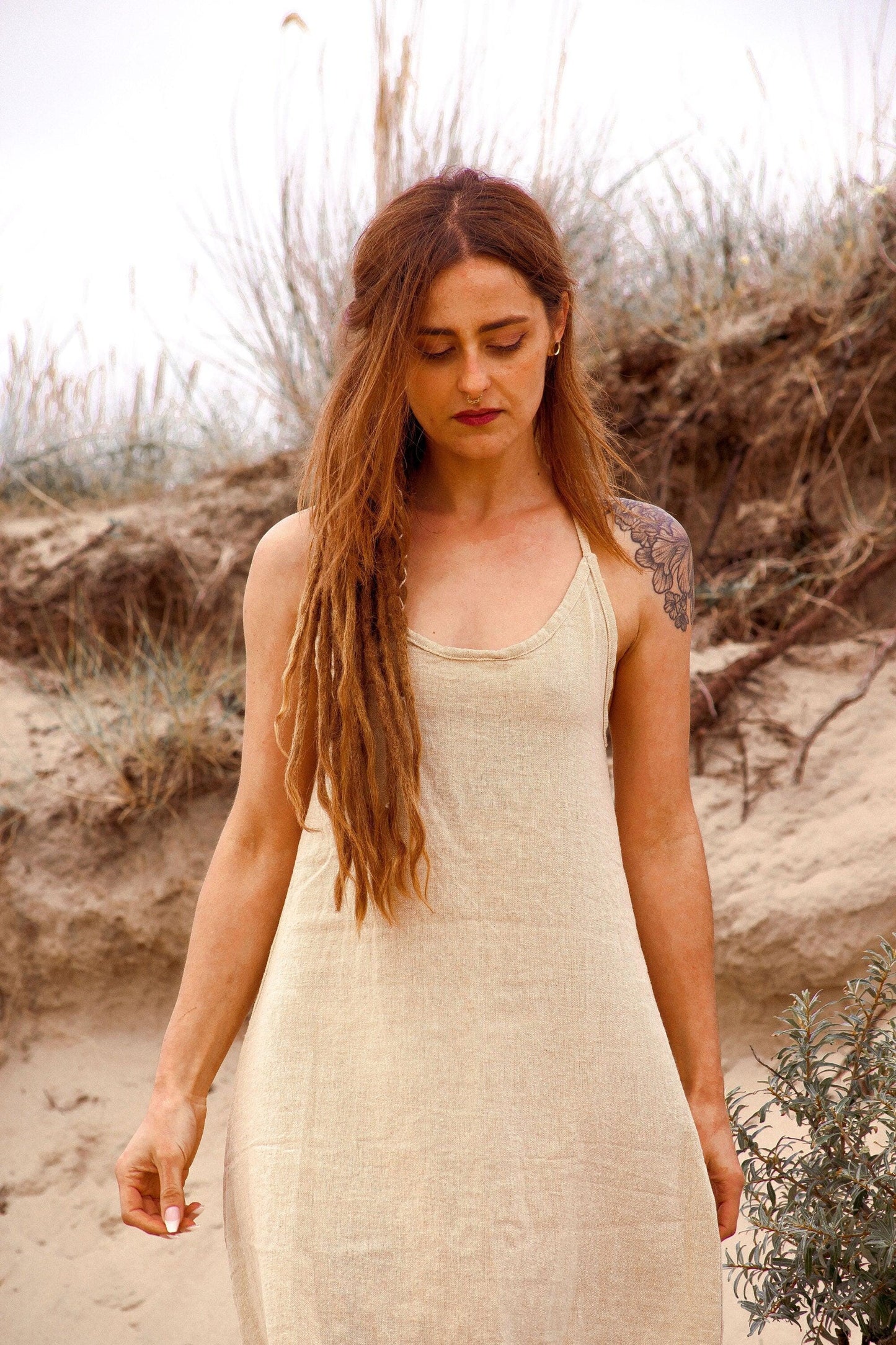 Backless A-line Bohemian summer dress with spagetthi straps | Golden Beige