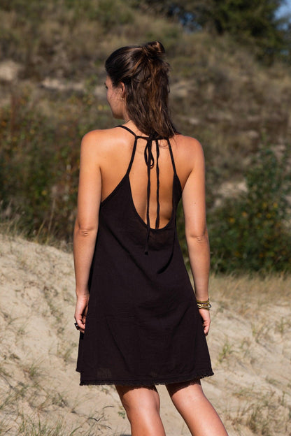 Backless A-line Bohemian summer dress with spagetthi straps | Golden Beige