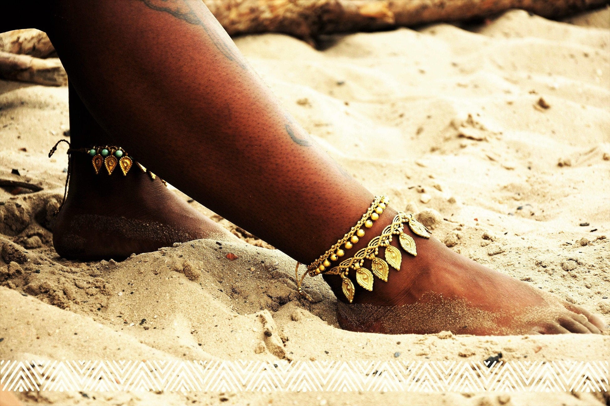 Tribal macrame anklet with brass charms