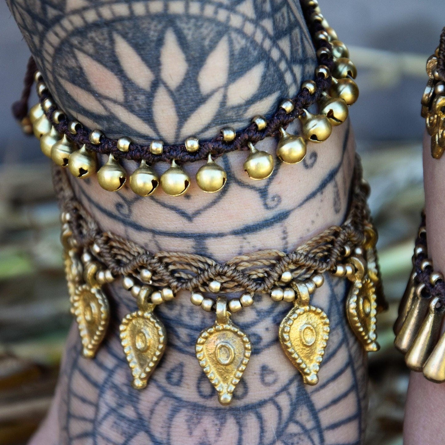 Brass bell anklet, macrame anklet, tribal anklet with brass bells, gypsy anklet.