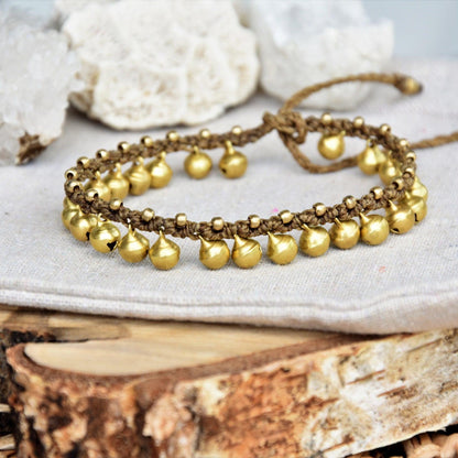 Brass bell anklet, macrame anklet, tribal anklet with brass bells, gypsy anklet.