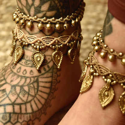 Brass bell anklet, macrame anklet, tribal anklet with brass bells, gypsy anklet.