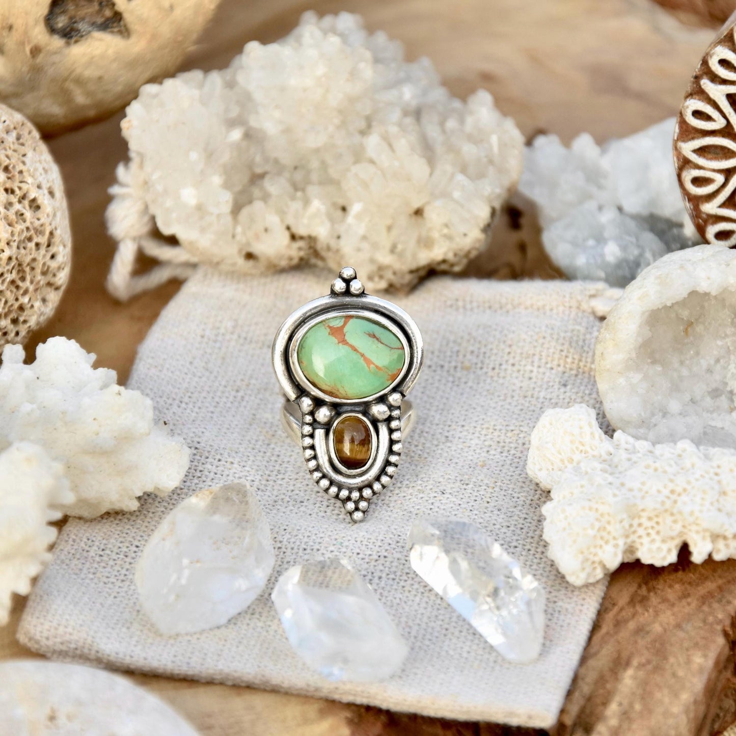 Ornamental boho ring | Silver Turquoise ring | Tiger Eye ring | Ethnic ring | handmade bohemian ring | Multi-stone ring