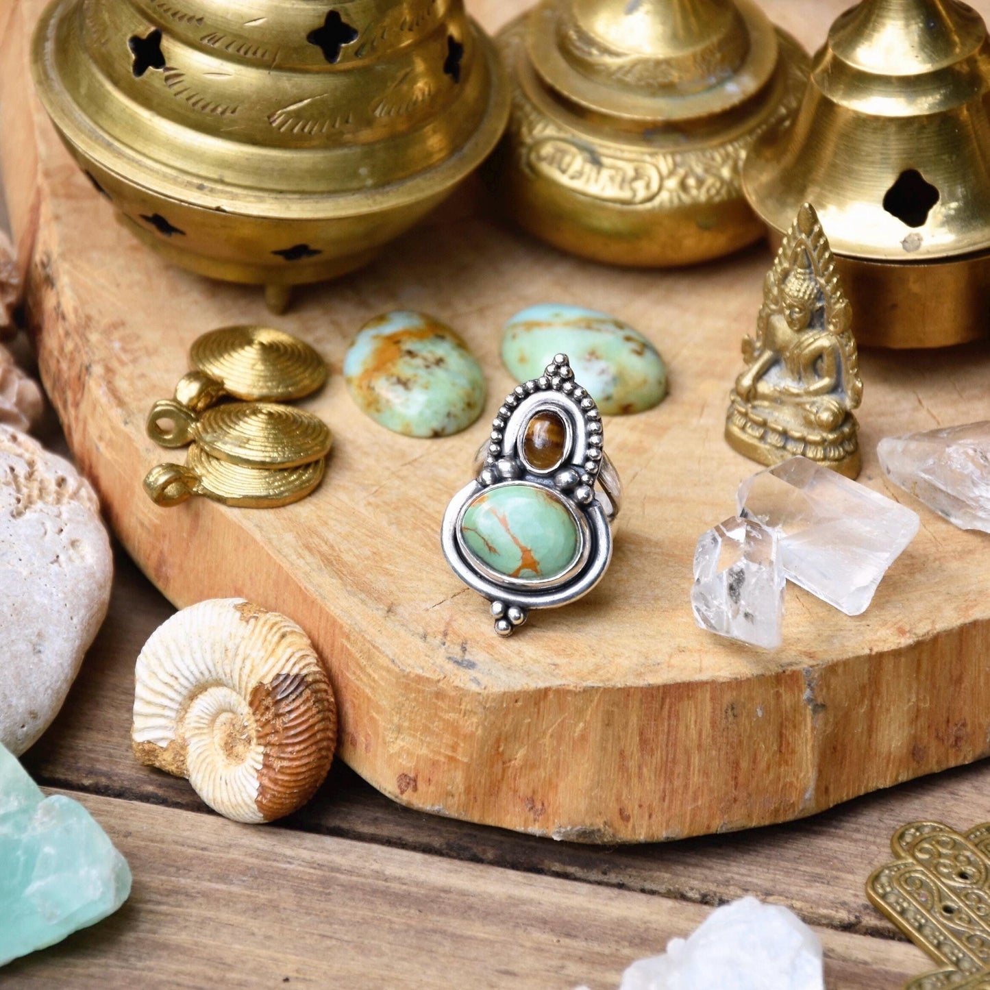 Ornamental boho ring | Silver Turquoise ring | Tiger Eye ring | Ethnic ring | handmade bohemian ring | Multi-stone ring