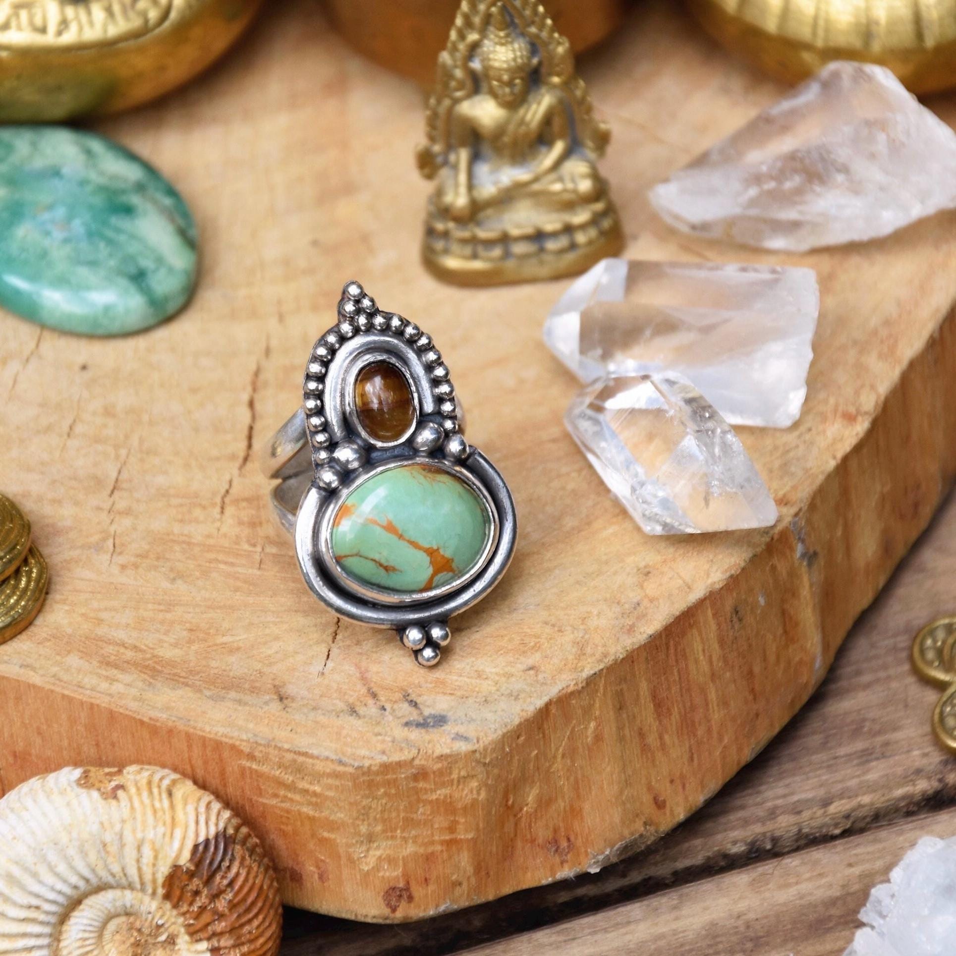 Ornamental boho ring | Silver Turquoise ring | Tiger Eye ring | Ethnic ring | handmade bohemian ring | Multi-stone ring