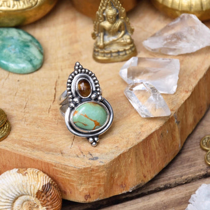 Ornamental boho ring | Silver Turquoise ring | Tiger Eye ring | Ethnic ring | handmade bohemian ring | Multi-stone ring