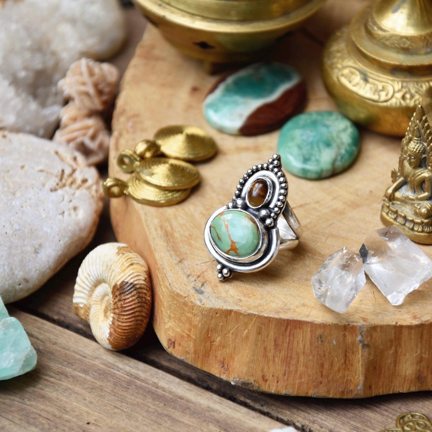 Ornamental boho ring | Silver Turquoise ring | Tiger Eye ring | Ethnic ring | handmade bohemian ring | Multi-stone ring