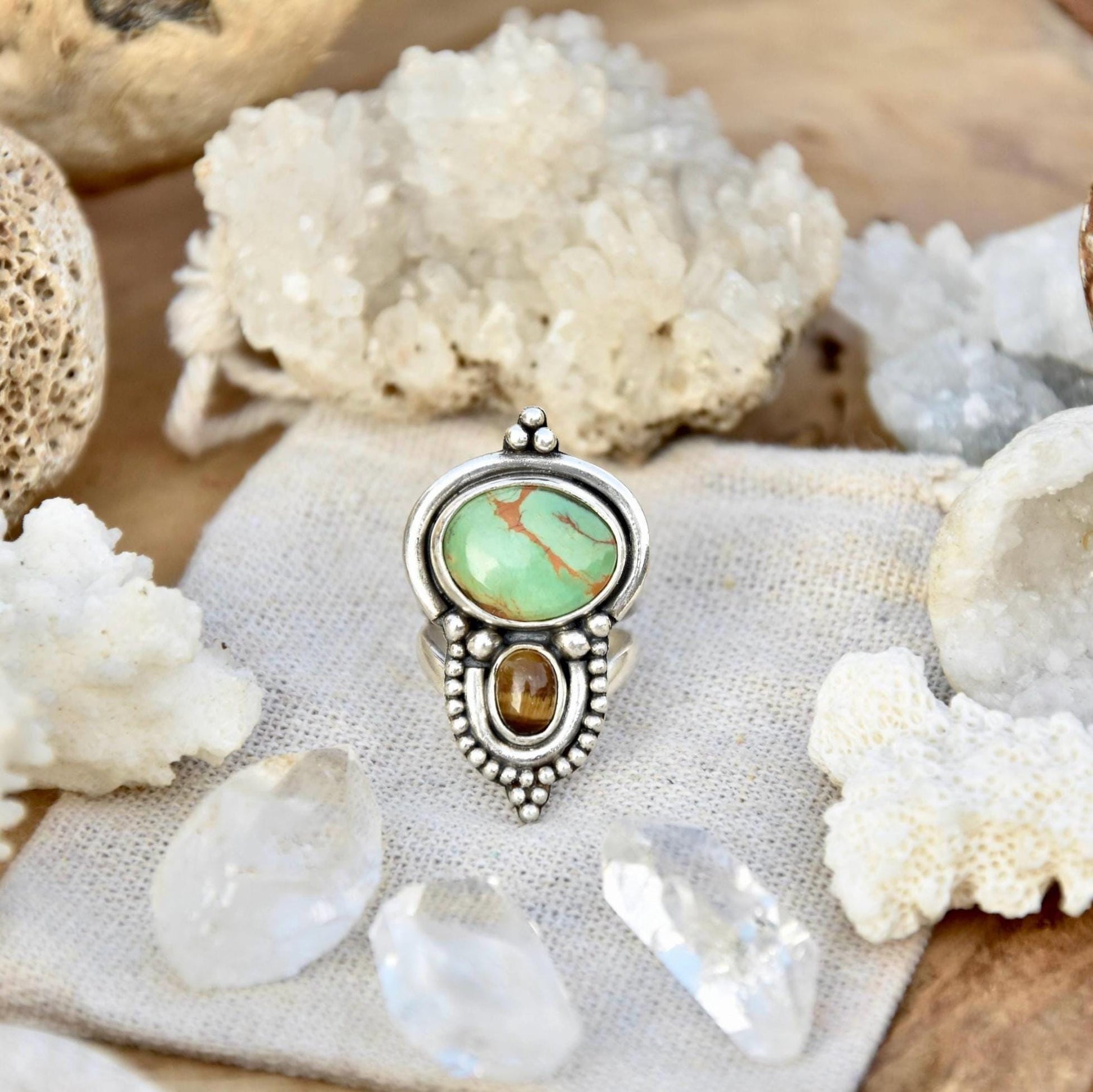 Ornamental boho ring | Silver Turquoise ring | Tiger Eye ring | Ethnic ring | handmade bohemian ring | Multi-stone ring