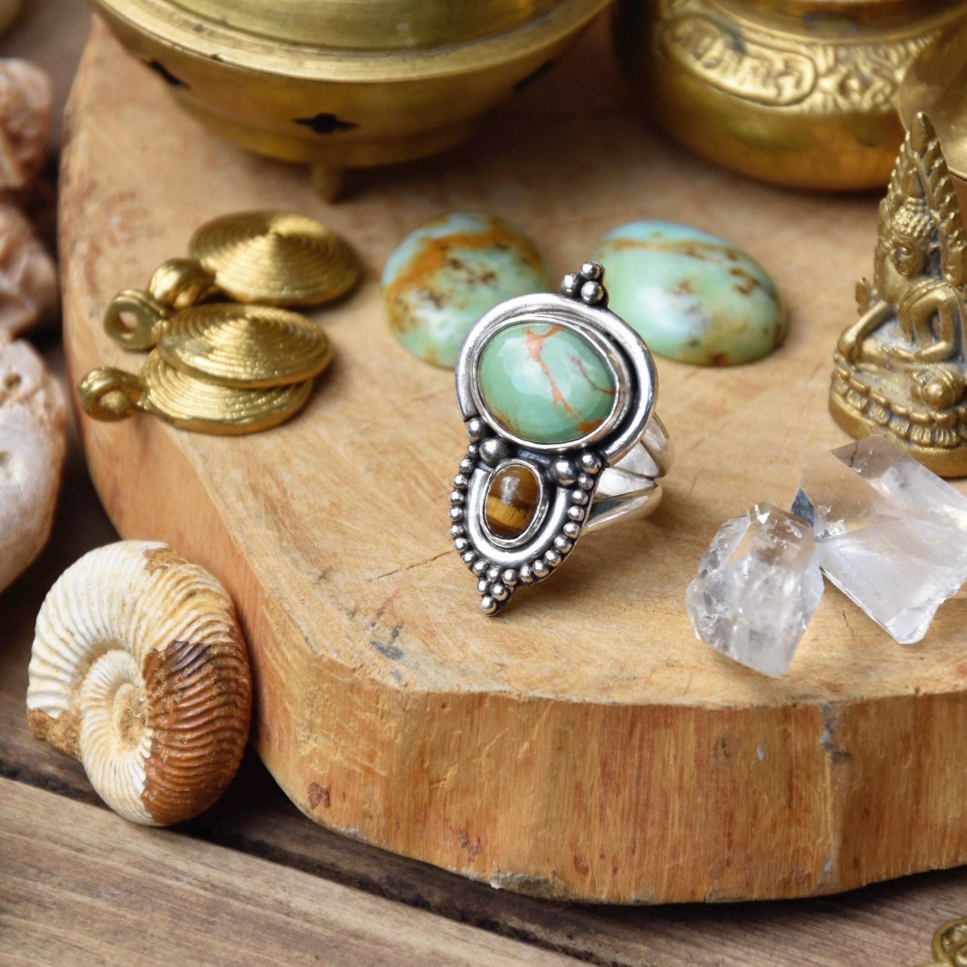 Ornamental boho ring | Silver Turquoise ring | Tiger Eye ring | Ethnic ring | handmade bohemian ring | Multi-stone ring